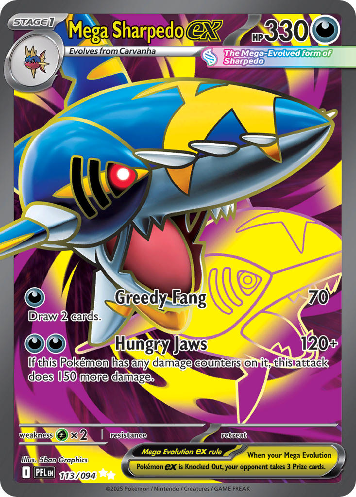 Mega Sharpedo ex #113/094 Llamas Fantasmales 2025 Casi Nuevo