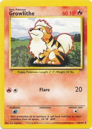 Growlithe 1999 Base Set Unlimited #28/102 Trading Card Lightly Played