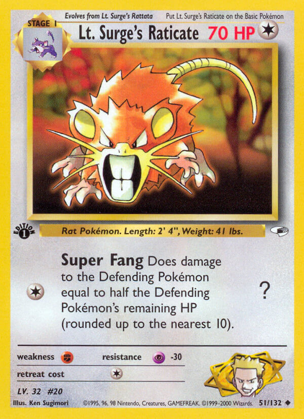 Lt. Surge's Raticate 2000 Gym Heroes 1st Edition #51/132 Trading Card Near Mint