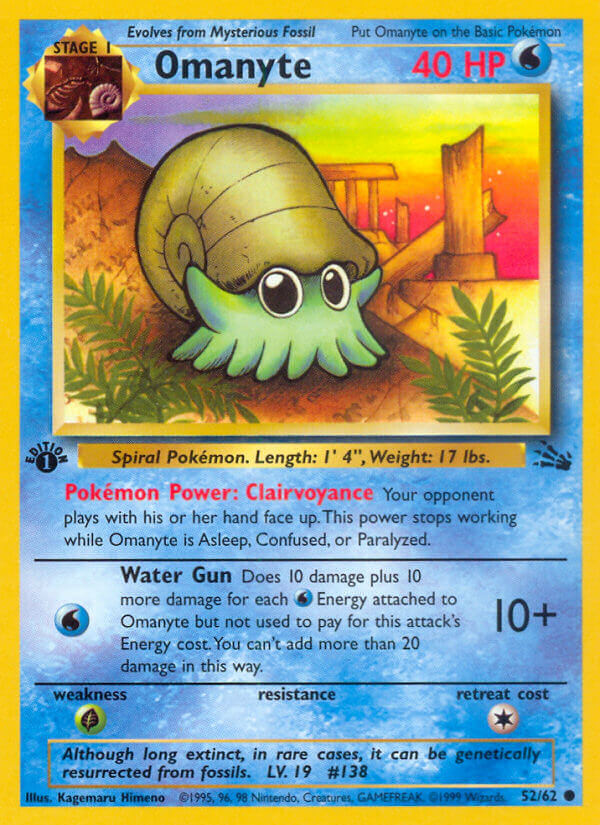 Omanyte 1999 Fossil 1st Edition #52/62 Trading Card Near Mint