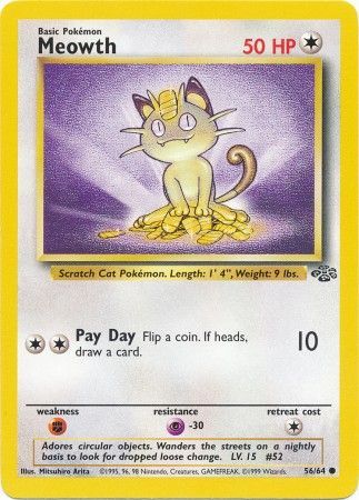 Meowth 1999 Jungle Unlimited #56/64 Trading Card Moderately Played