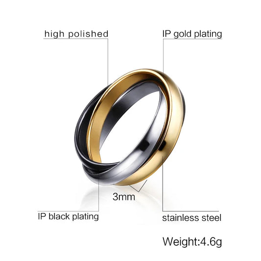 Anillo Triple Entrelazado de Acero Inoxidable – Anillo de Boda Multicolor Tres en Uno para Mujer | Anillo Apilable de Moda