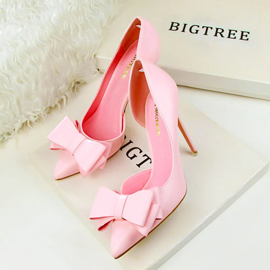 Zapatos de tacón de aguja con punta para mujer, con lazo, elegantes, estilo coreano, para boda