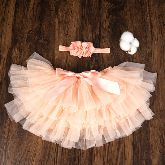 2PCS Baby Girls' Tulle Tutu Bloomers Set – Newborn Diaper Cover Skirt with Matching Headband, Rainbow Princess Outfit for Infants
