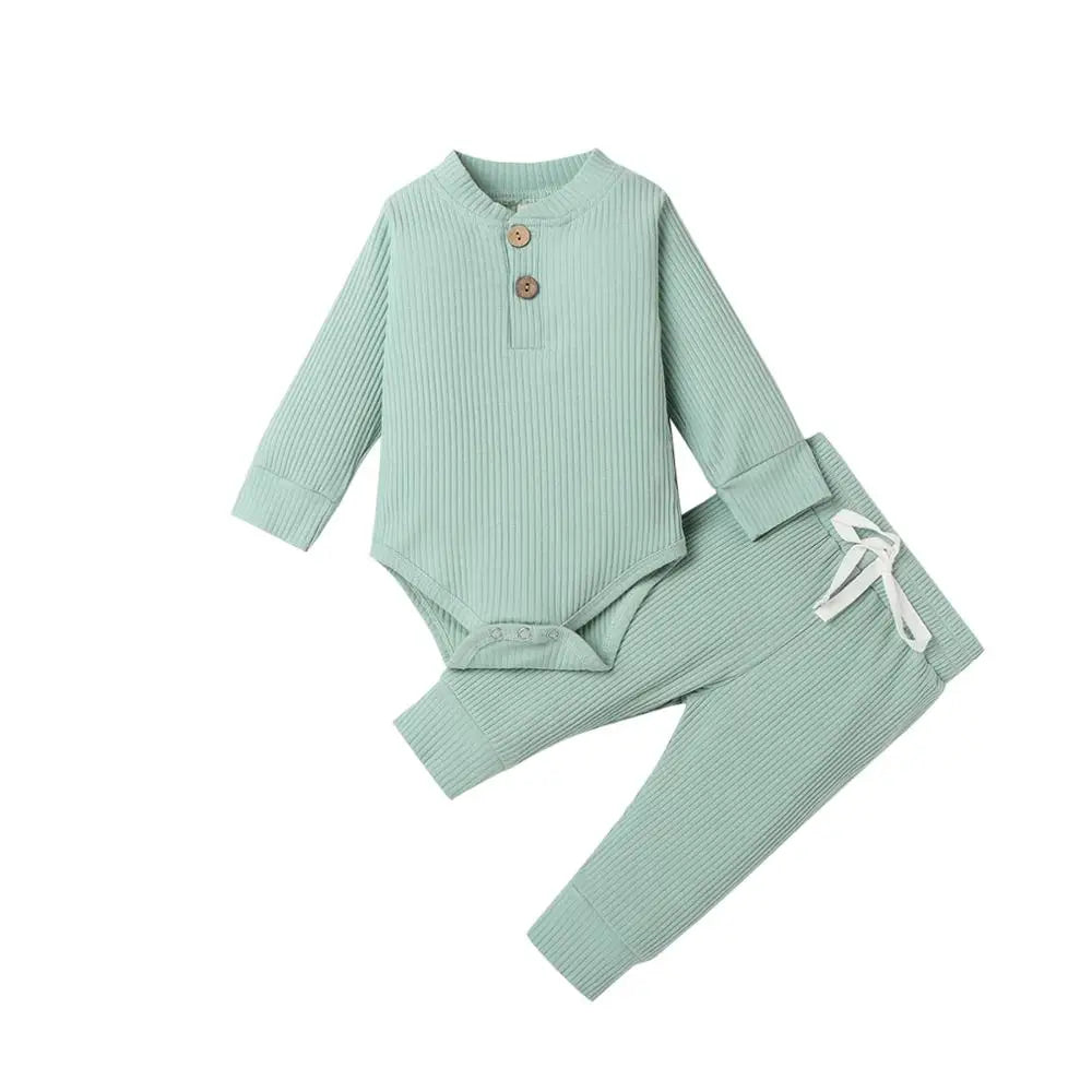 Conjunto de ropa para bebé recién nacido – Body de manga larga acanalado y a cuadros con pantalones elásticos, conjunto de 2 piezas de primavera y otoño para bebés y niñas, conjunto de ropa suave e informal para niños pequeños
