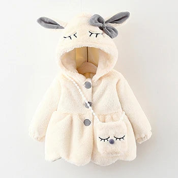 Cute Rabbit Ears Baby Jacket, Plush Hooded Winter Coat for Toddler Girls, Warm Princess Outerwear for Autumn and Christmas