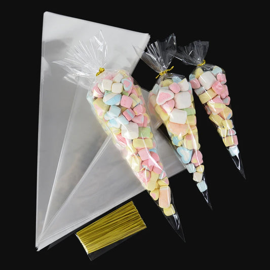 50 bolsas de celofán transparentes con forma de cono – Bolsas de plástico transparentes para palomitas, dulces, baby shower, regalos de boda y empaques de regalo