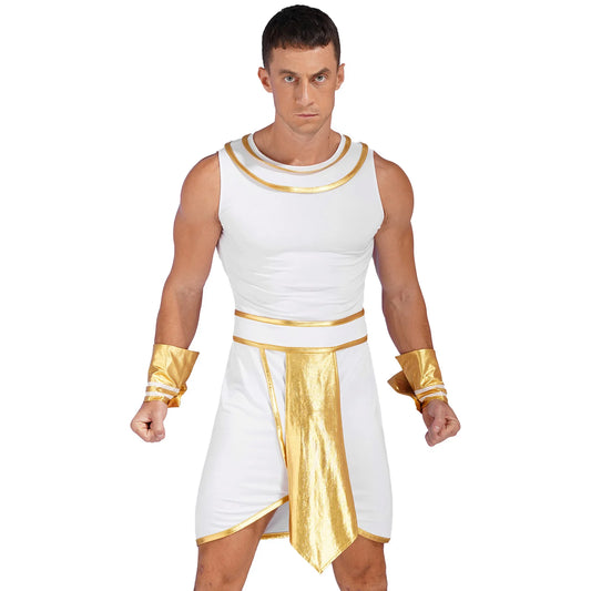 Disfraz de faraón egipcio y griego antiguo para hombre – Túnica brillante metálica con mangas para Halloween y juegos de rol