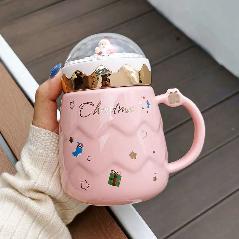 Christmas Couple Ceramic Mug – Creative Santa Claus Figurine Coffee Cup with Lid, Festive Xmas Gift for Home & Office