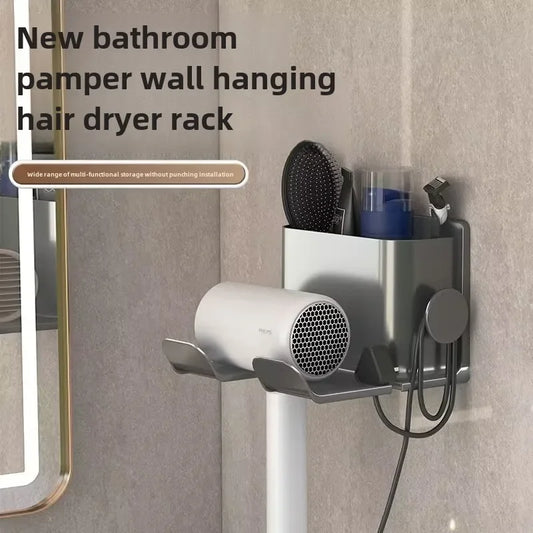 Soporte para secador de pelo montado en la pared, sin taladro, estante de almacenamiento para baño, organizador de herramientas para el cabello de plástico