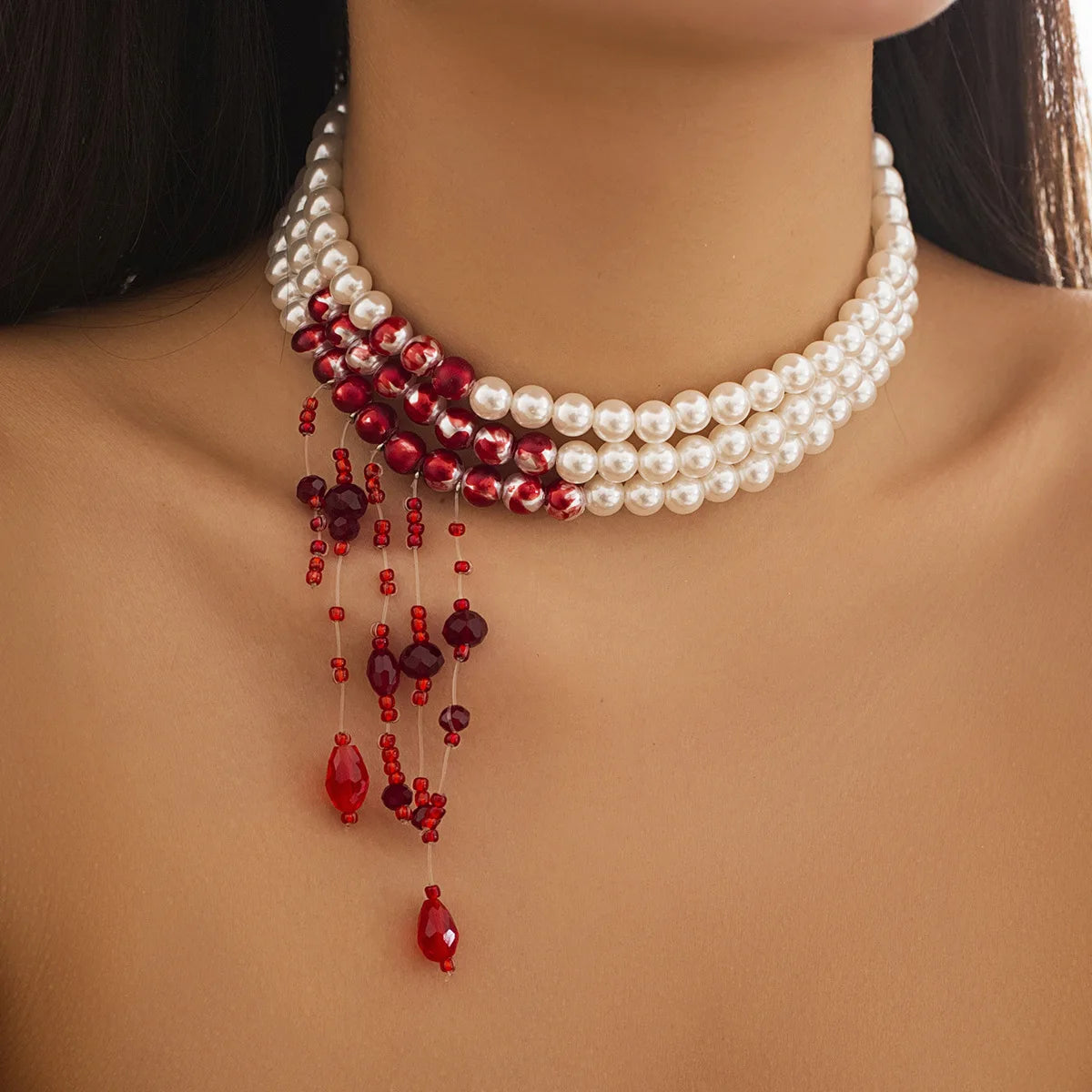 DIEZI Gothic Multilayer Red Blood Pearl Choker Necklace – Vintage Crystal Beaded Statement Jewelry for Women, Halloween & Gothic Parties