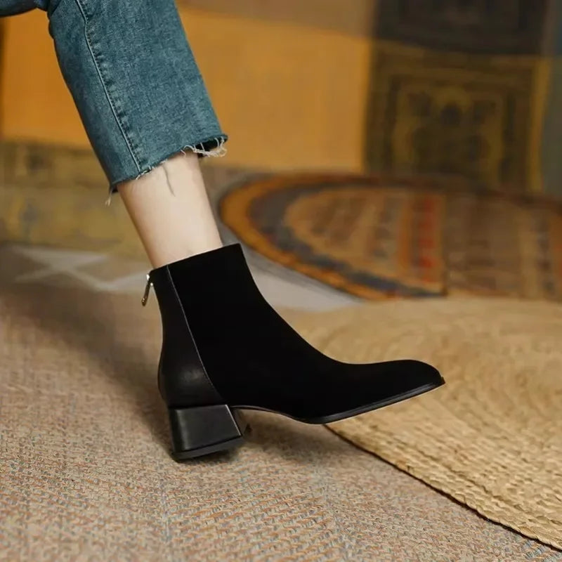 Women's Chelsea Ankle Boots – Stylish Spring & Autumn Frosted Leather Boots with Thick Comfortable Heels, Casual Fashion Shoes