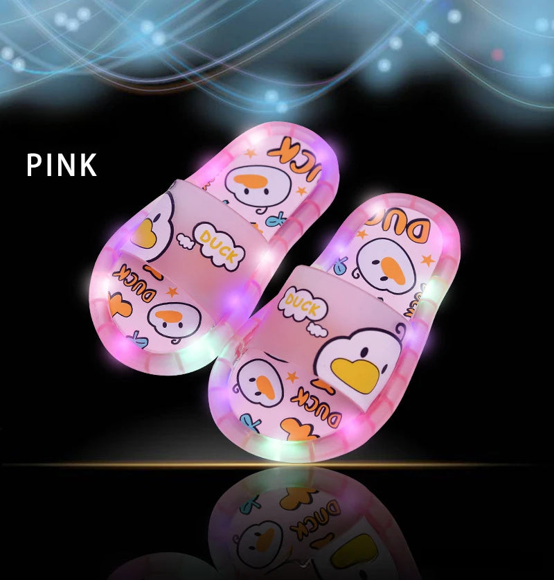 Zuecos LED con luces para niños, bonitas pantuflas de cristal con dibujos animados para niños y niñas