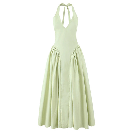 YENKYE Vestido midi halter verde sin espalda sexy para mujer elegante de algodón de corte A de talle bajo para fiesta de noche de verano