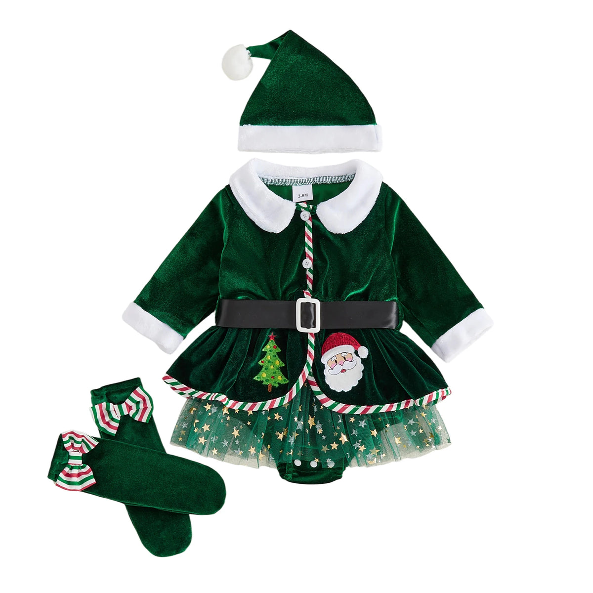 Baby Girls Christmas Santa Claus Costume Set, Princess Velvet Romper Dress with Embroidered Details, Belt, Santa Hat and Stockings, Festive Xmas Holiday Outfit for Christmas Parties and Photoshoots