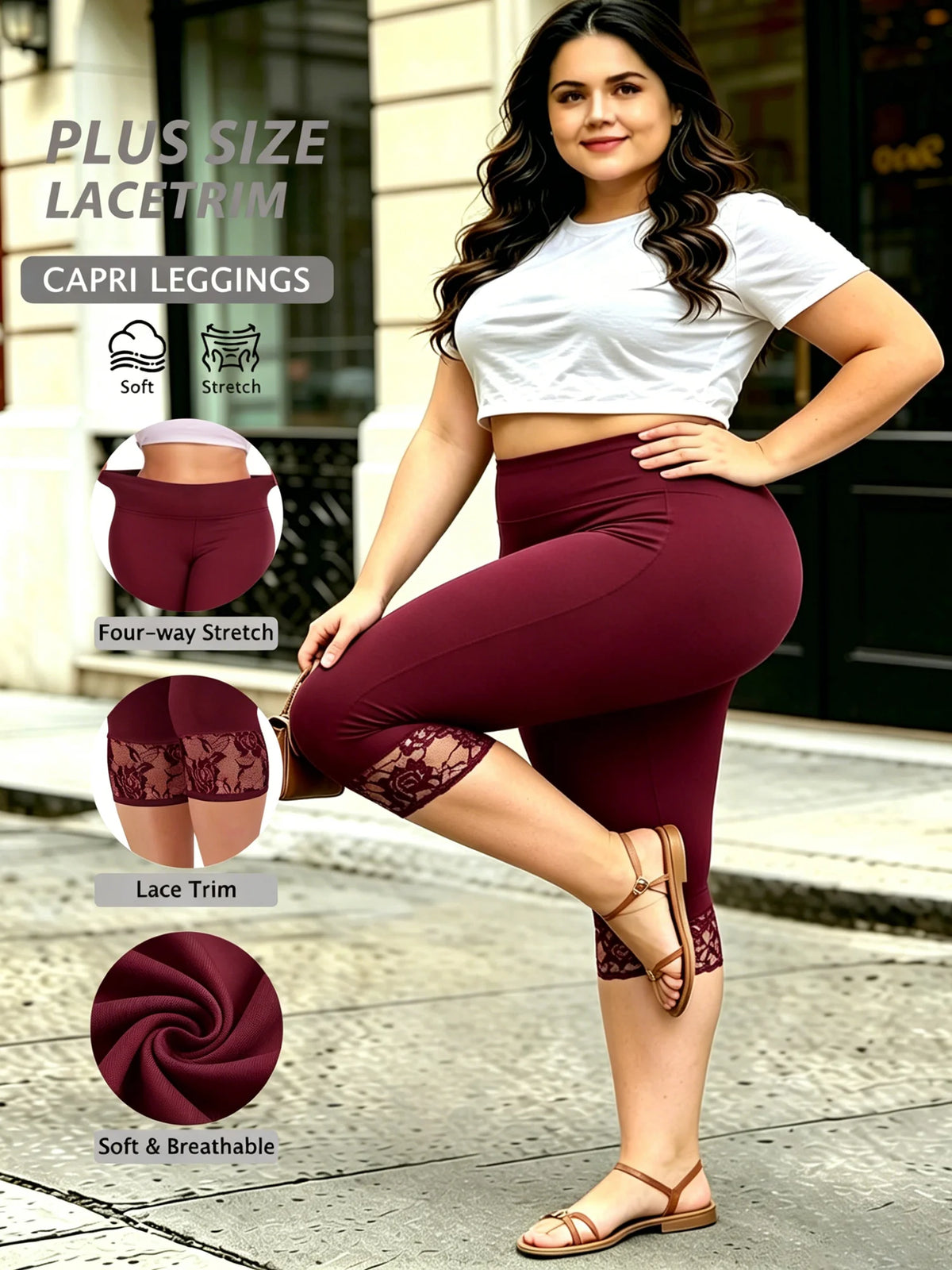 Women's Plus Size Lace Trim Capri Leggings – Stretchy Cropped Tights for Summer, Casual Everyday Pants with Elegant Lace Detail