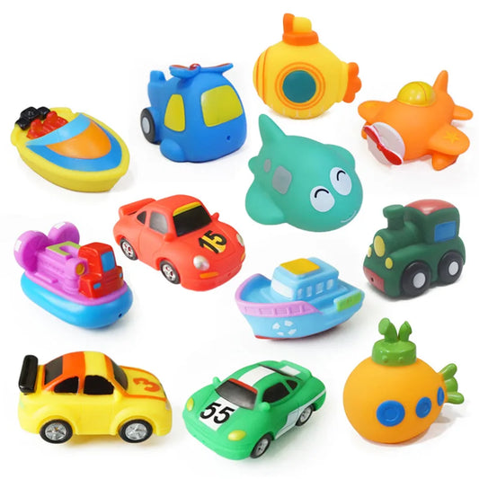 Juguetes de baño para bebés de goma blanda, juguetes flotantes de coche, barco y avión para apretar en el agua para niños pequeños