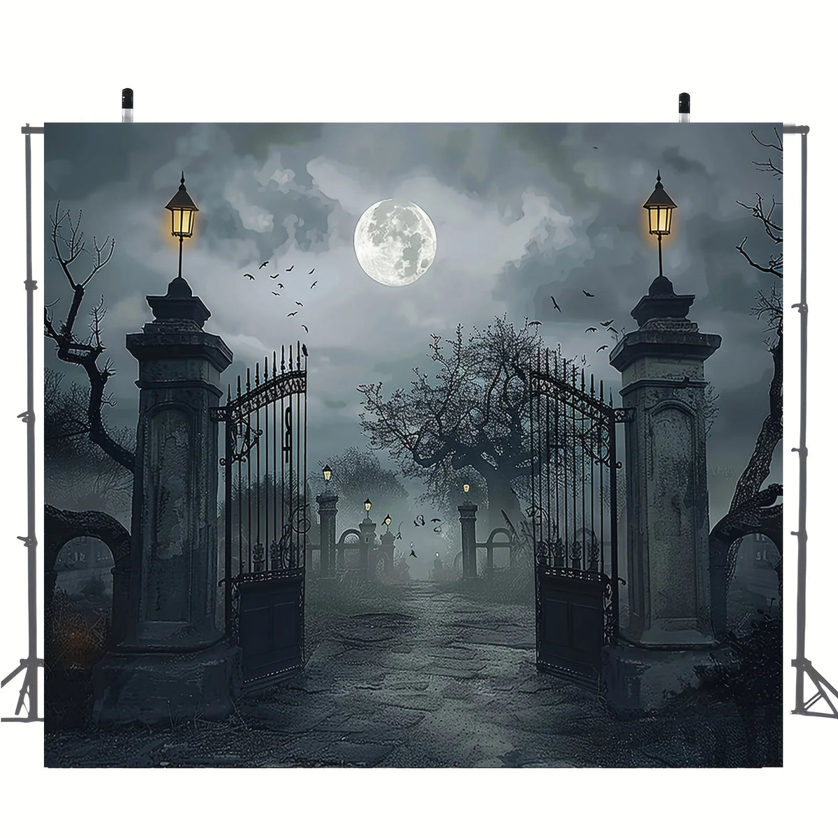 Halloween Background Banner, Spooky Ghost Cemetery Backdrop with Full Moon and Bare Trees, Horror Party Decorations for Halloween Photography and Photo Booths