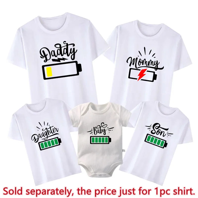 Family Matching T-Shirts – Funny Battery-Themed Daddy, Mommy & Kids Tees, Matching Family Look for Baby Boys, Girls, Brothers & Sisters