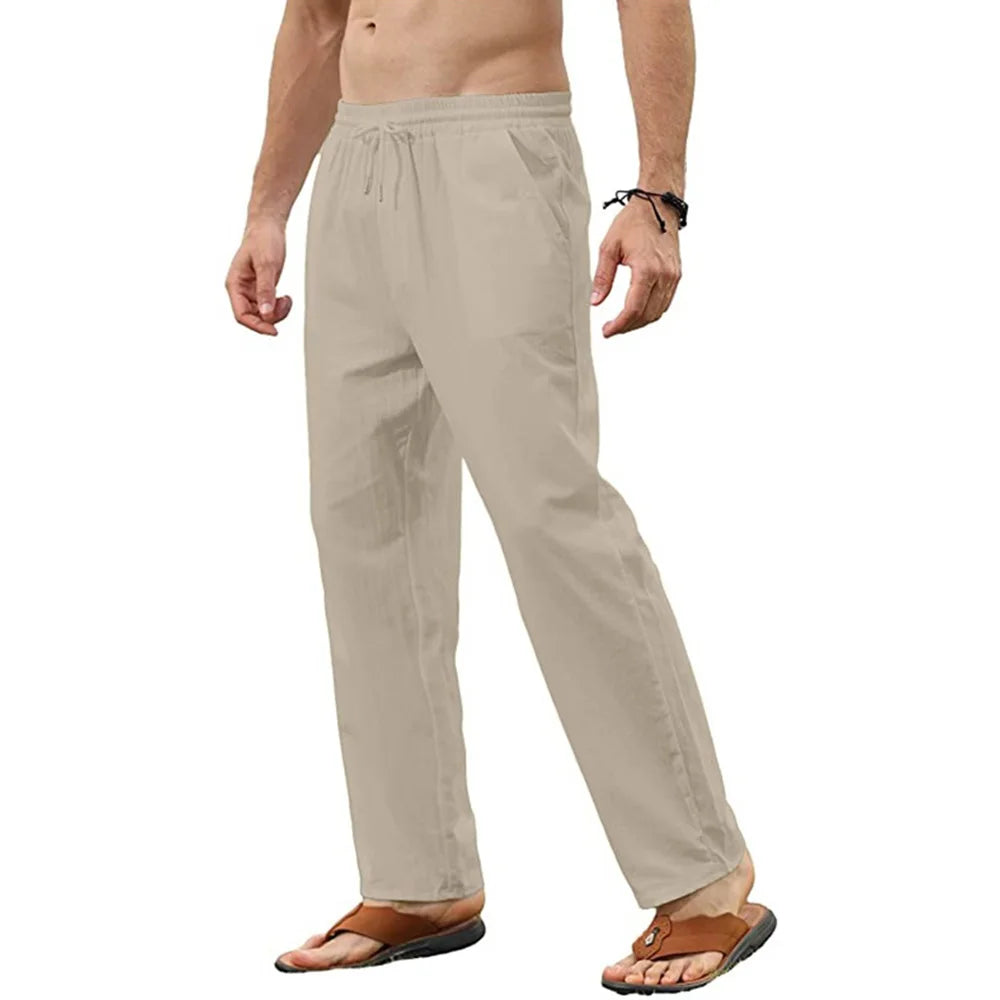 Men's Cotton Linen Drawstring Pants – Breathable Loose Fit Casual Jogger Trousers for Yoga, Beach & Everyday Wear