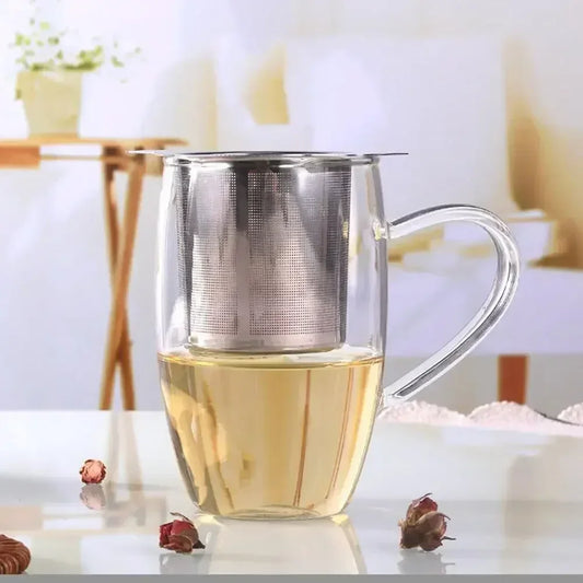 Colador de té de acero inoxidable – Filtro de té de hoja suelta de malla fina con tapa para tazas y tarros