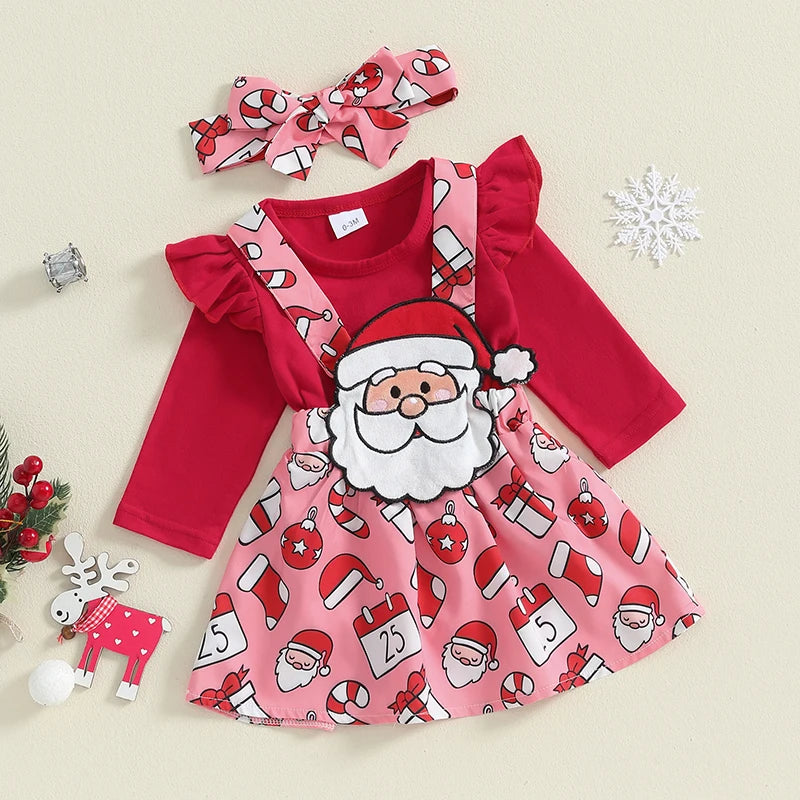 Baby Girl Christmas Outfit Set – Ruffle Long-Sleeve Romper with Santa, Gingerbread & Striped Suspender Skirt, Headband