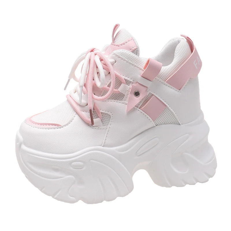 10.5cm Platform Sneakers for Women – Chunky High-Top Lace-Up Dad Shoes with Thick Sole & Mesh Design for Autumn Casual Wear