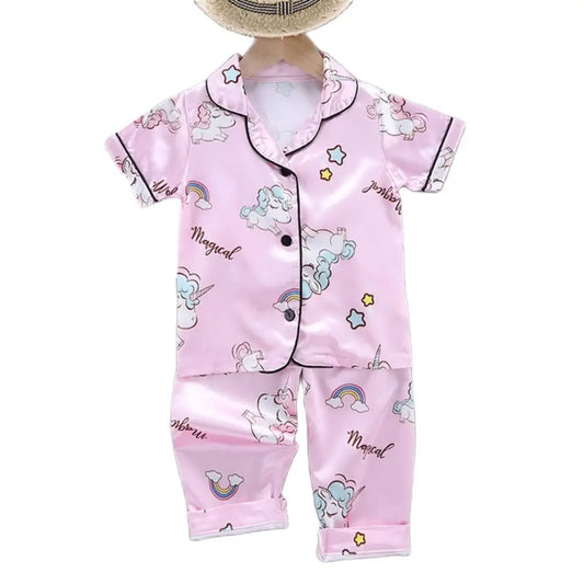 Girls Summer Pajama Pants Set – 2 Piece Cartoon Unicorn Satin Sleepwear Outfit | Soft Toddler Kids Air-Conditioned Nightwear Clothes