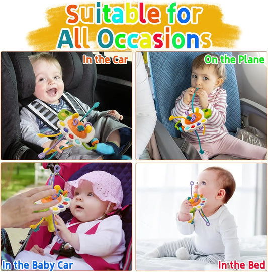 Juguete Sensorial de Silicona Montessori con Cuerda para Bebés – Mordedor Sonajero para Bebés de 6 a 12 Meses
