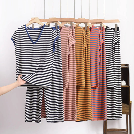 XL-8XL Plus Size Modal Pajama Set – 2PCS Short-Sleeve Striped T-Shirt & Pants, Lightweight Summer Loungewear for Home & Sleep