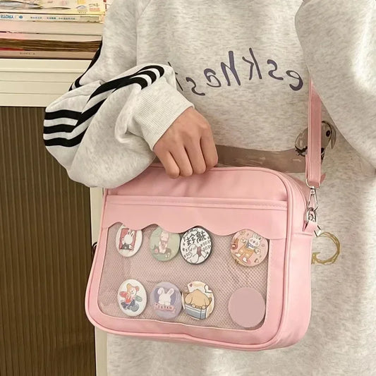 Bolso japonés Harajuku Ita – Bolso bandolera de piel sintética con bolsillo transparente para mujeres y estudiantes de secundaria, bolso de estilo uniforme JK, bolso de almacenamiento de moda Kawaii para coleccionistas y uso diario