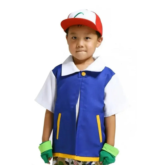 Disfraz de entrenador Ash Ketchum inspirado – Conjunto de chaqueta azul con gorra y guantes para hombres, mujeres y niños, para fiesta de Halloween o carnaval