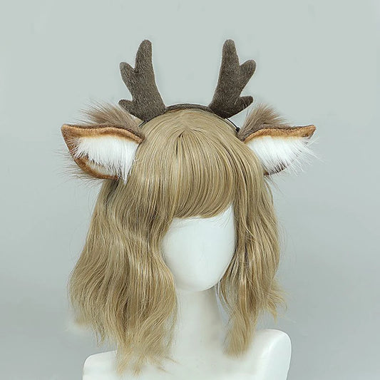 Linda diadema de astas de venado de felpa para mujer – Aro para el cabello de cosplay Lolita accesorio para fiesta de Navidad