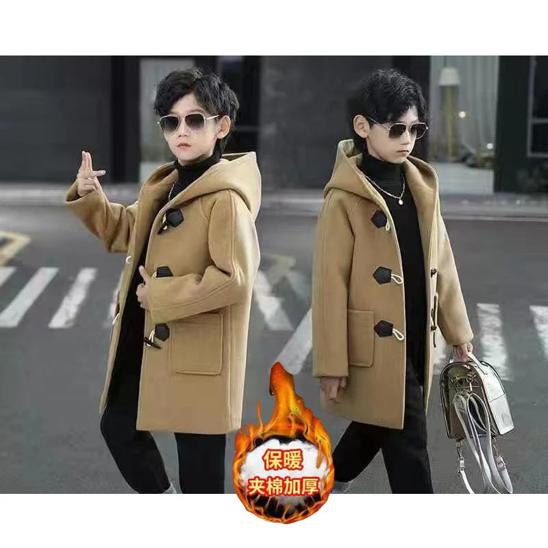 Boys Winter Wool Coat with Hood, Warm Cotton-Padded Single-Breasted Jacket, Solid Color Children’s Fashion Parka and Cold Weather Outerwear