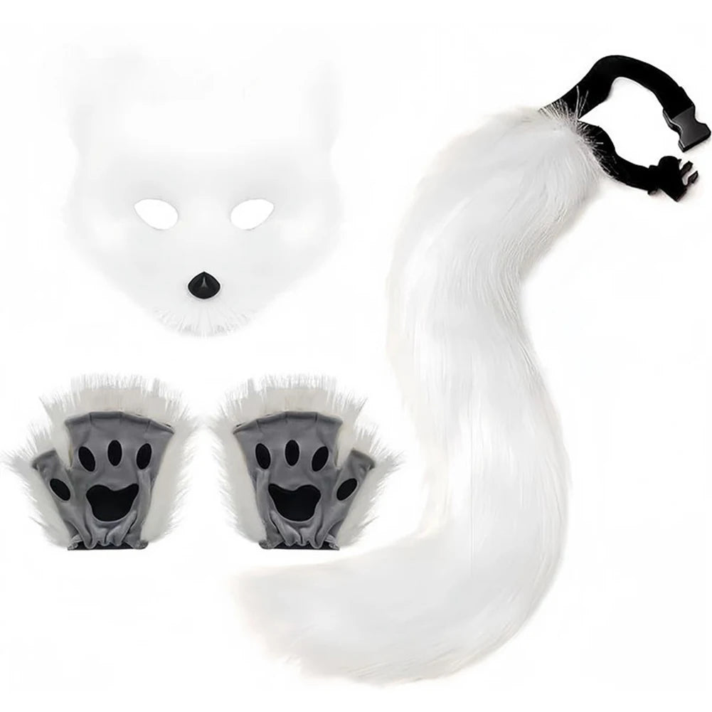 Halloween Fox Cosplay Costume Accessories Set, Animal Fox Mask, Tail and Gloves, Cute Fancy Dress-Up Props for Carnival, Masquerade, Themed Parties, and Halloween Costumes