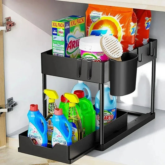 Organizador Extraíble de 2 Niveles para Debajo del Fregadero – Estante Deslizable para Gabinete con Ganchos y Vasos para Cocina y Baño