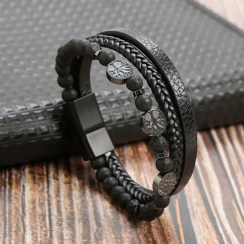 Pulsera de cuero clásica para hombre – Pulsera multicapa tejida a mano para hombre | Accesorio de joyería de moda casual, regalo