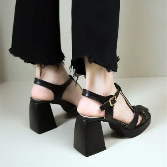 Sandalias de plataforma con tacón grueso para mujer – Zapatos de gladiador retro de cuero PU con punta cuadrada tejida, tacones de cuña de verano
