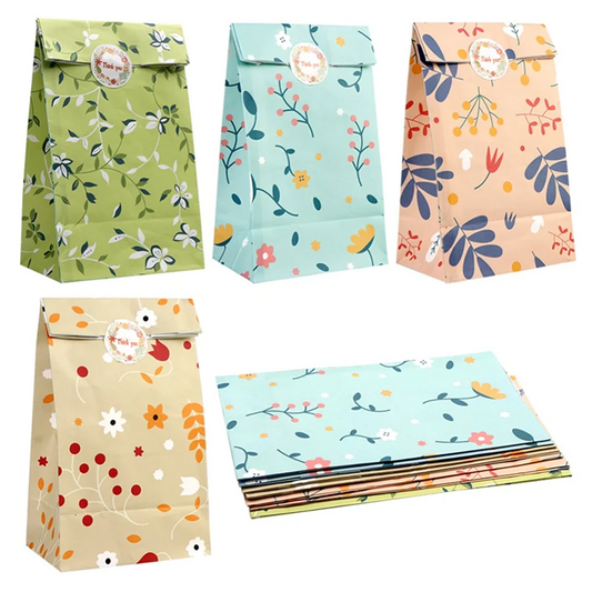 12/24 Bolsas de regalo de papel kraft con estampado de plantas y pegatinas para caramelos, galletas, productos de panadería y empaques de regalo