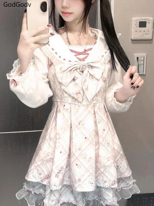 Vestido japonés Sweet Lolita Kawaii para mujer 2025, estampado de primavera, lazo, vestido falso de dos piezas, estilo coreano, ropa de fiesta