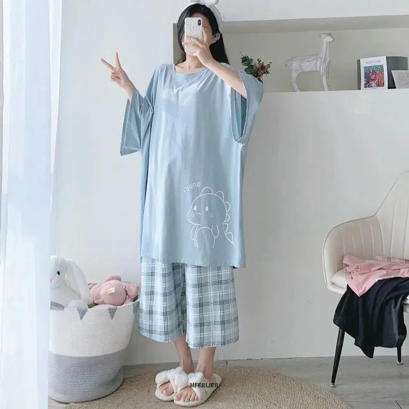 Plus Size Women's Pajama Set Up to 6XL – Short Sleeve O-Neck Sleepwear Top & Pants Set for Summer