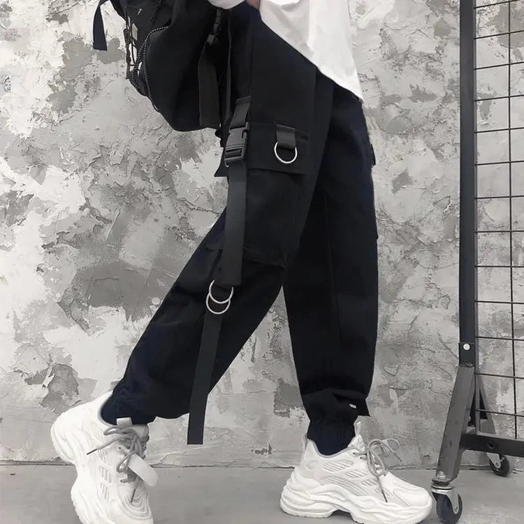 Pantalon Cargo Décontracté Noir pour Femmes Style Coréen Taille Haute Ample Hip Hop Jambe Droite Printemps Automne