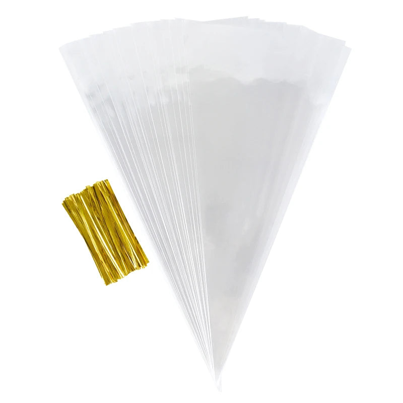 50 bolsas de celofán transparentes con forma de cono – Bolsas de plástico transparentes para palomitas, dulces, baby shower, regalos de boda y empaques de regalo