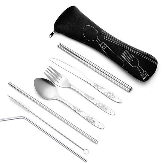 Juego de cubiertos de viaje de acero inoxidable de 7 piezas: cuchillo, tenedor, cuchara, palillos y pajita portátiles con estuche para camping al aire libre, picnic, escuela y comidas diarias
