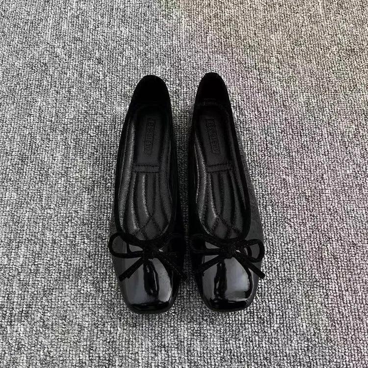 Women's Patent Leather Ballet Flats – Square Toe Bow Slip-On Shoes, Soft Sole Casual Flats for Spring & Summer