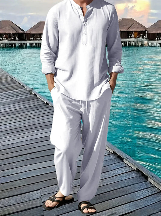 Conjunto de camisa y pantalón de lino de 2 piezas para hombre – Atuendo transpirable de verano para vacaciones en la playa, top informal de manga larga con pantalones sueltos