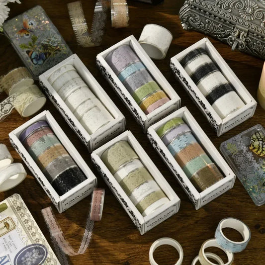 Juego de 6 rollos de cinta washi PET retro de encaje – Cinta adhesiva decorativa para diario, álbum de recortes, bullet journal y manualidades