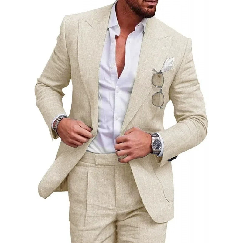 Costume de mariage en lin pour homme – Smoking 2 pièces coupe slim blazer et pantalon, costume décontracté pour mariage sur la plage, bal de promo, soirée