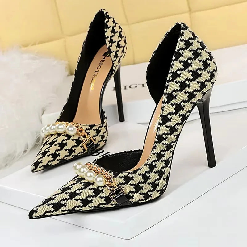 BIGTREE Escarpins à talons aiguilles et chaîne de perles de luxe pour femme – Idéal pour mariage, soirée et banquet
