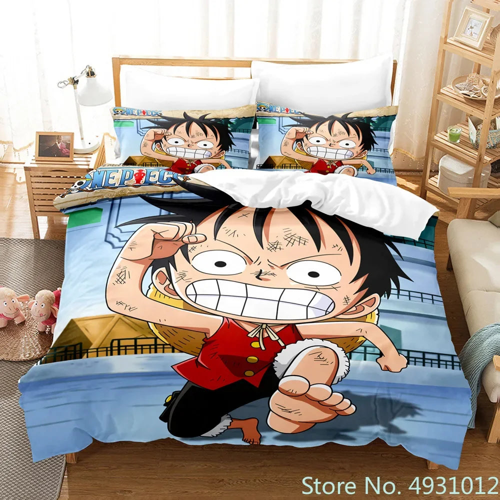 One Piece Luffy 3-Piece Bedding Set – 3D Cartoon Anime Duvet Cover & Pillowcase Set for Kids, Boys, Teens & Adults